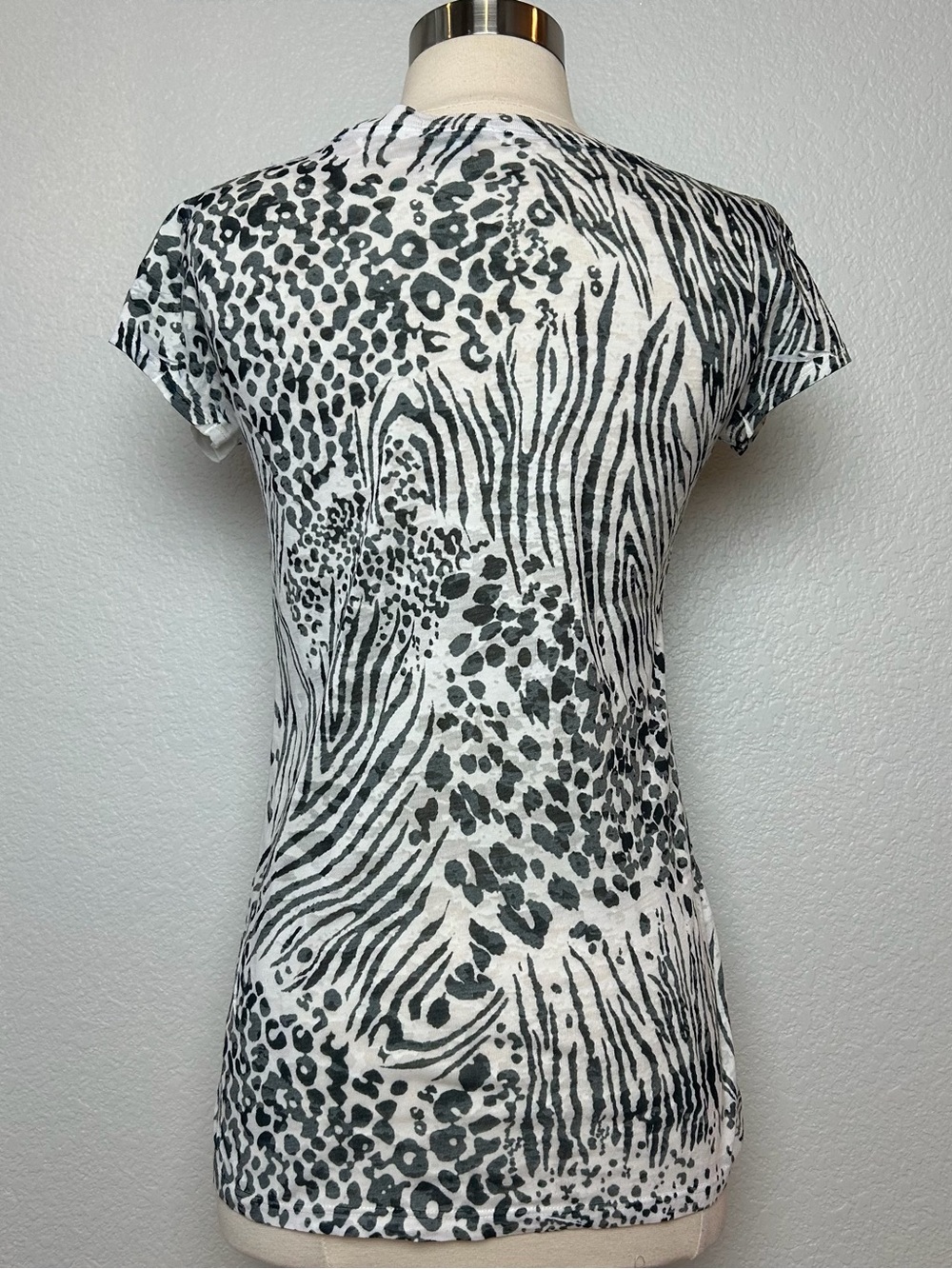 Cache Burn Out Tee Top Women's M Stretch White Black Peace Sign Animal Print - Picture 3 of 7